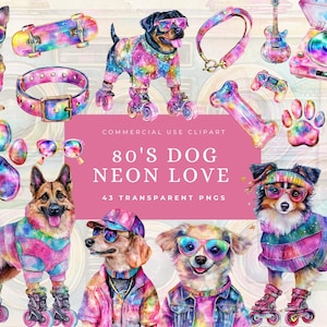 I love the 80&#39;s clipart, Digital Download, Cassette Tape, Neon 80S Clipart Bundle, Quirky Funny Dog lover, Theme Party Vibe, Retro Nostalgia