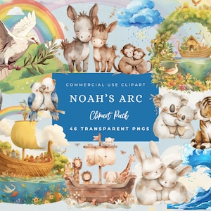 Noahs Arc Acquerello Baby Nursery Clipart, Festa di compleanno Baby Shower, Pacchetto cristiano, Decorazione della scuola materna, Coppia di animali, Uso commerciale