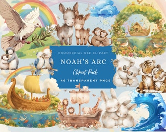 Noah's Ark Watercolor Clipart, Baby Animals PNG Bundle (Commercial Use)