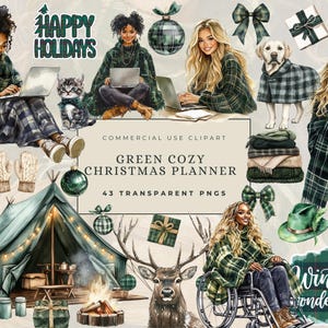 Può includere: Clipart di pianificatore natalizio verde e bianco con illustrazioni di una scena invernale accogliente, tra cui una tenda, un falò, un cervo, una donna in sedia a rotelle, un cane e una donna con una coperta. Il testo "Green Cozy Christmas Planner" e "43 Transparent PNGs" è incluso nell'immagine.