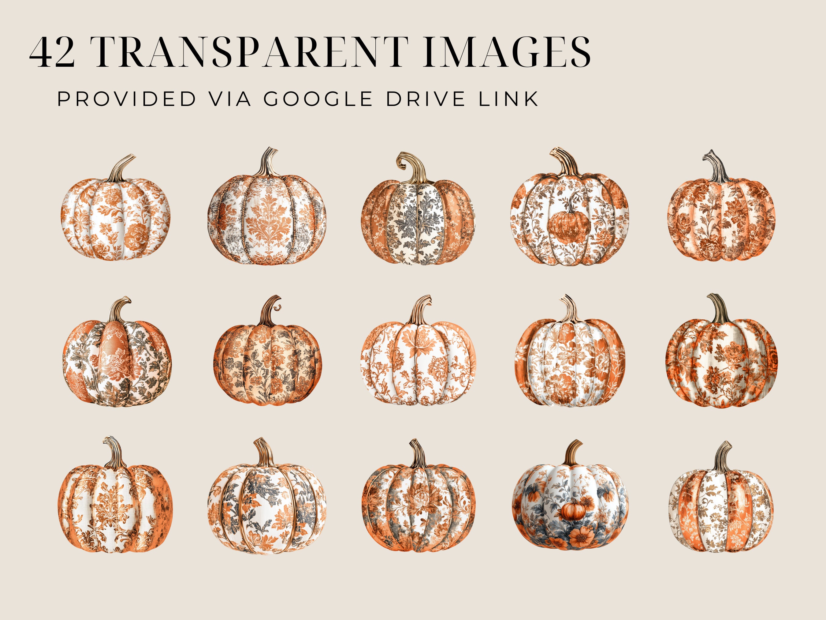 Toile Pumpkin Clipart Pack, Damask Fall Junk Journal Pngs, Fall ...