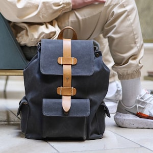 Unisex Backpack Waterproof Laptop Day pack Canvas Fabric Vegetable tanned Cowhide leather for unisex, Gift for him, Gift for Her