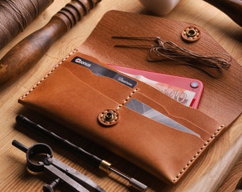 100% piel de vacuno cosida a mano, monedero, monedero, curtido vegetal natural, hecho a mano, regalo de Navidad