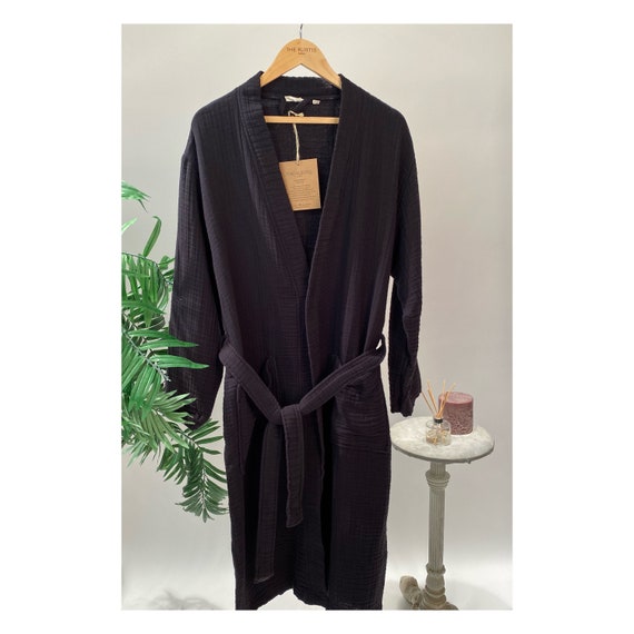 Black Muslin Robe 100 Cotton Dressing Gown for Women Men Etsy