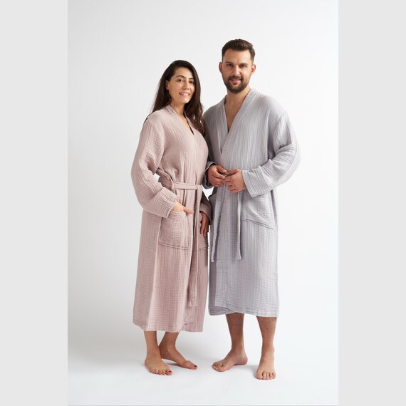 Christmas Gift, Muslin Fabric Robe Dressing Gown Gauze 100% Turkish Cotton Bathrobe,