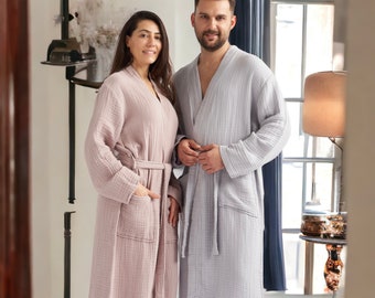 Muslin Fabric Robe Dressing Gown Gauze 100% Turkish Cotton Bathrobe, Gift for Her, Gift for Him, Free UK Shipping, Mother's Day Gift