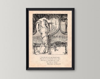 Lady of Shalott, Victorian Engraving, Illustration, Tennyson, Literary Print, Literature Art Print,  Victorian Decor, Book Art