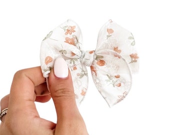 Apricot embroidered floral fable bow - spring bow - floral embroidered bow - summer bow - spring bow - girl bow - dog bow - baby bow