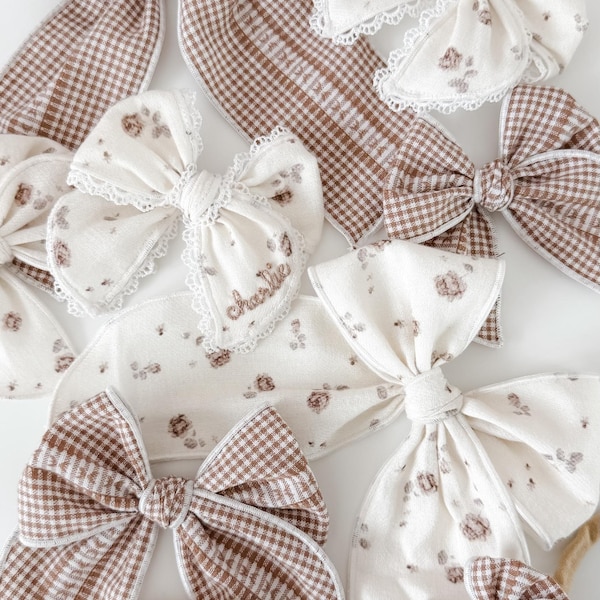 Vintage floral & gingham bow - hand-embroidered name bow - neutral baby fable bows