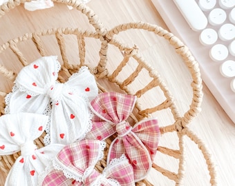 White textured and pink plaid heart fable bow - red heart bow - white and red bow -  trendy bows - dainty bows - baby bows - newborn bows