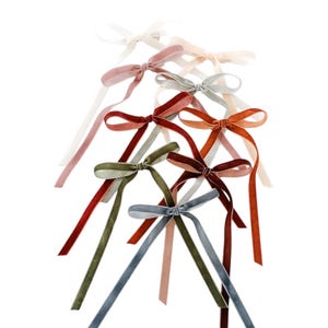 May include: Assortment of velvet ribbon bows in various colours, including red, pink, green, blue, and beige. The bows are tied with long tails and are arranged in a cluster.