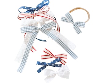 NEW Fourth of July ribbon bow - summer ribbon bows - Stars and Stripes bows - gingham bow - white eyelet bow - trendy vintage bow