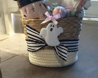 Halloween Self-Care Gift Basket: Ghost Wine Glass, Cozy Socks & Skincare
