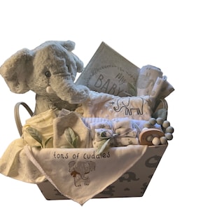 Adorable Elephant Baby Gift Basket in Gray| Elephant Baby Basket Set Unique -Gray Baby| Gray Elephant Baby Gift Basket – Cute Gender Neutral
