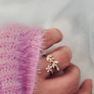 Floral Sterling Silver Adjustable Open-end Ring,Pink Purple gem Leaf wrap ring 16k Gold, dainty gem rings, flower rings