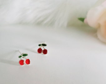 Cherry earrings tiny studs textured enamel plant,925 Sterling silver fruit earrings,silver pushback,dainty,unique gift,kids earrings