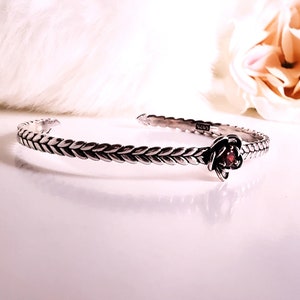 Floral textured Sterling silver adjustable bracelet,cuff bracelet bangle,Red cubic Zirconia rose flower bracelet,unique vintage,gift