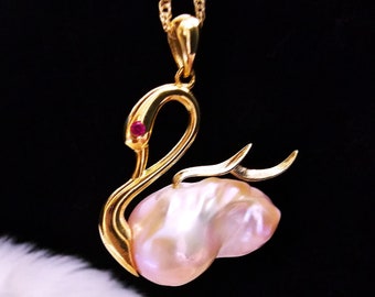 Baroque Pearl 18k Gold plated Swan pendant necklace,adjustable chain, gift for her, freshwater irregular ivory pearl red cubic zirconia