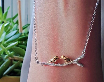 925 Sterling Silver Gold Plated Birds Couple Textured Branch