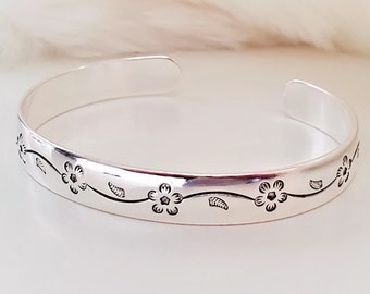 Floral leaf vine carved sterling Silver bracelet open bangle Adjustable,textured floral cuff bracelet,stackable bangle,statement bangle