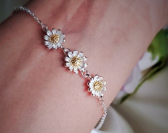 Daisy adjustable chain thin bracelet 925 sterling silver,floral bracelet,gold plated dainty silver bracelet,stackable silver bracelet