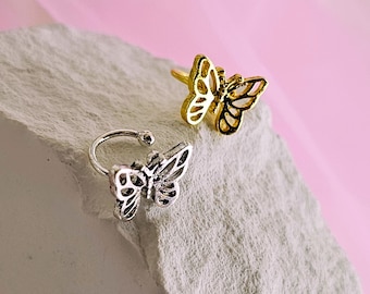 Manchettes Boucles d'oreilles papillon en argent sterling 18 carats sans piercing, cadeau pour elle, boucles d'oreilles non percées, boucle d'oreille empilable, manchettes en argent et protège-oreilles