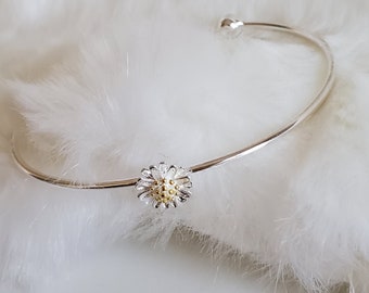 925 sterling silver adjustable bracelet,daisy floral bracelet,gold plated daisy silver bracelet,sterling silver bangle,adjustable bangle