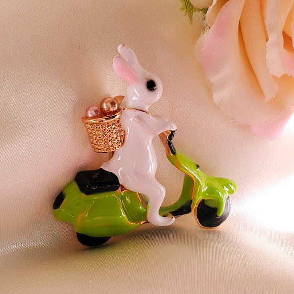 14k Gold,Pearls,white Rabbit on Vintage Vespa bunny brooch,quirky animal brooch,enamel lapel pins,coat accessories,easter bunny accessories
