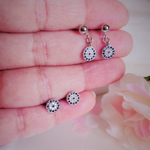 Cubic Zirconia Blue clear dangle drop sterling silver,minimalist,simple earrings,gift,round evil eye drop earrings,evil eye studs earring