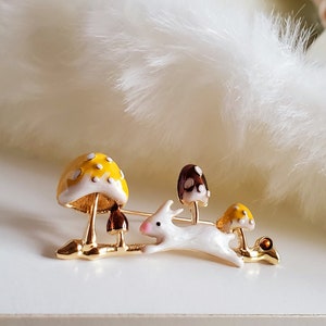 14k Gold Running white Rabbit bunny brooch,quirky brooch,lapel pins,coat accessories,easter bunny accessories,enamel pin,unisex gift