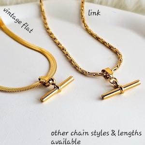 Tarnishfree 18K Gold T-Bar necklace,adjustable chunky cuban chain Figaro Chain,gift,T Bar Charm Necklace,stacking gold necklace
