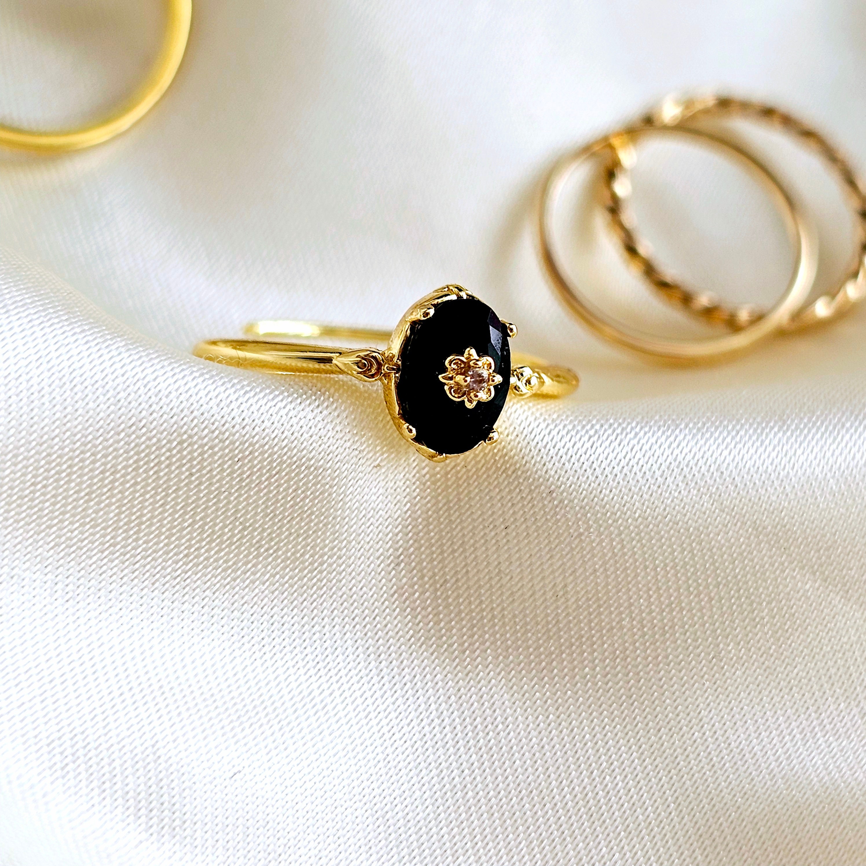 Black Onyx & Diamond Accent Star Signet Ring 10K Yellow Gold