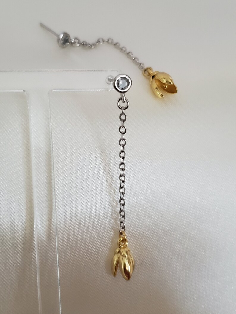 925 Sterling Silver earrings,floral earrings,tulips,gold plated,dangle drop,minimalist jewellery,chain dangling earrings,cubic zirconia gem image 4