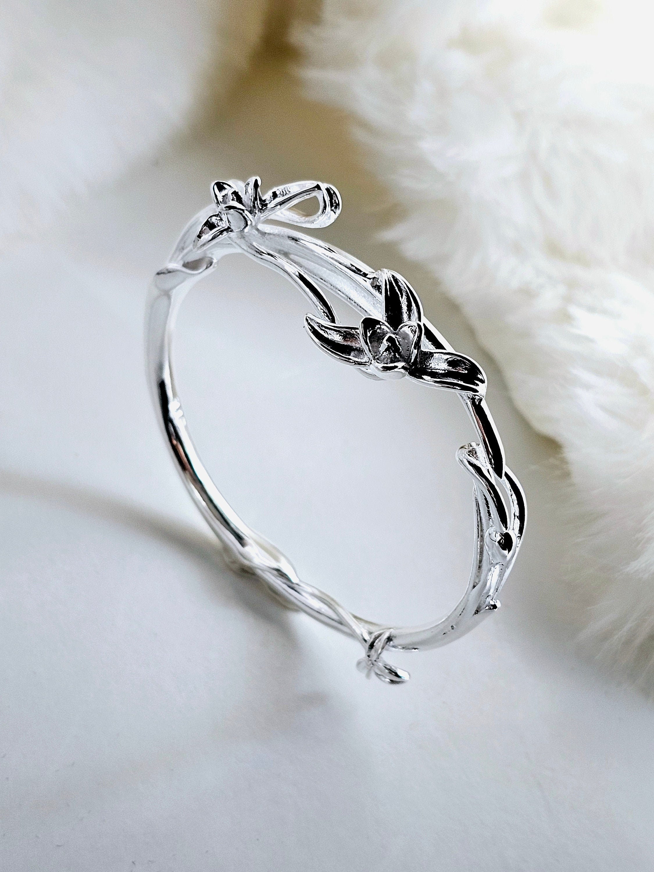 Orchid Buds Floral Textured Sterling Silver Cuff Bangle