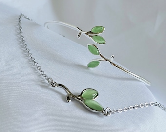 Adjustable Green leaf sterling silver cuff bracelet,leaf chain bracelet,dainty thin cuff bracelet,sterling silver bangle,adjustable bangle
