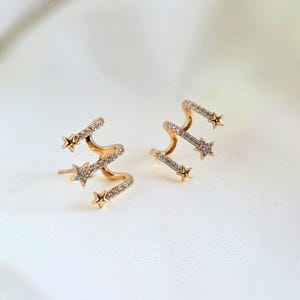 Faux Triple Claw Hoop Star Stud Earrings in 16K Gold‑Plated Sterling Silver,Illusion Multi‑Hoop Cartilage Look,no Piercing ear stack