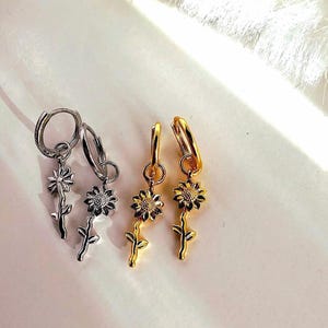 Ciondolo a forma di girasole in argento sterling 18k, orecchini a cerchio rotondi, regalo per lei, orecchini pendenti, orecchini pendenti floreali in argento, cerchi