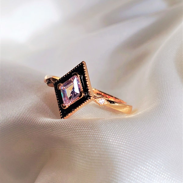 Bague réglable, bague en or 14 carats en diamant simulé, bague en diamant en émail noir, cadeau, bague empilable, bague de déclaration, texturée, bande ouverte, look vintage