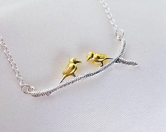 925 Sterling Silver gold plated birds couple textured branch pendant,adjustable chain necklace,42cm 46CM jewellery gift