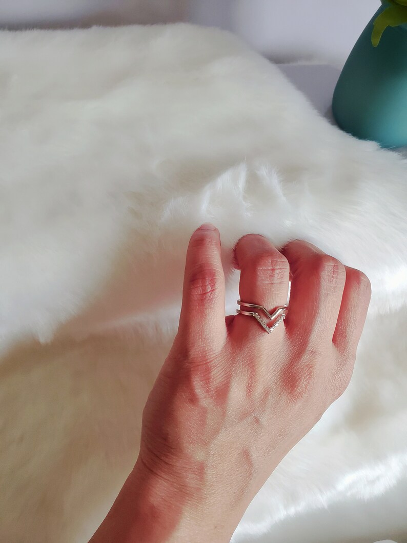 925 Sterling Silver V ring,Adjustable ring,gift,cubic zirconia,zircon silver ring,statement ring,promise ring,double band,geometric ring
