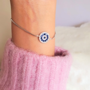 925 sterling silver adjustable bracelet,CZ blue white stone bracelet,Evil eye charm bracelet,evil eye charm CZ stone,gift,stackable bracelet