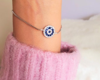 925 sterling silver adjustable bracelet,CZ blue white stone bracelet,Evil eye charm bracelet,evil eye charm CZ stone,gift,stackable bracelet