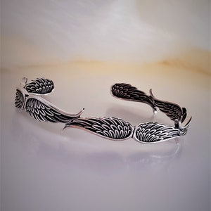 Angel wings 925 sterling silver adjustable,lucky cuff bracelet,quirky bangle,unique gift,textured cuff bracelet, open end silver bangle