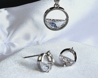 Wassertropfen Illusion Sterling Silber Anhänger Halskette Ohrringe Geschenk-Set Längenverstellbare Halskette, Zirkonia Ohrstecker, Weihnachtsgeschenk-Set