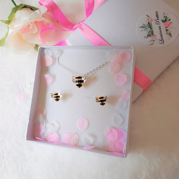 925 Sterling Silver Honey Bee Gold plated pendant necklace earrings set,adjustable length necklace 42-46CM,gift set, silver jewellery set