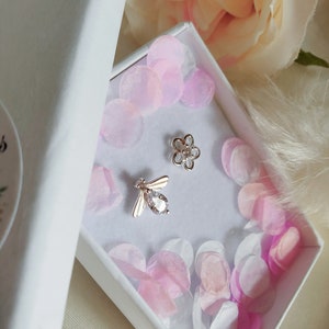 Simulated diamond sterling silver Bee Flower earring studs,simulated diamond earrings,gift for her,sparkling,Christmas,tiny,dainty,irregular