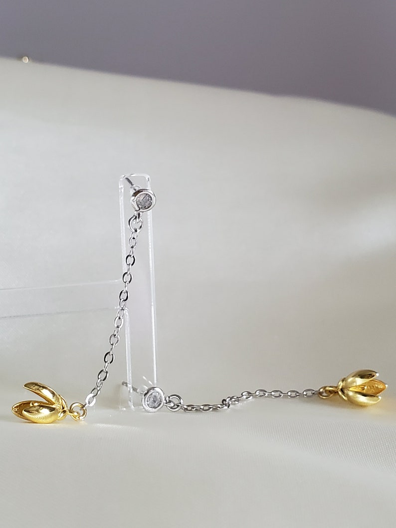 925 Sterling Silver earrings,floral earrings,tulips,gold plated,dangle drop,minimalist jewellery,chain dangling earrings,cubic zirconia gem image 1