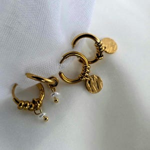 Detachable Charm Hoop Earrings in 18k gold pvd Waterproof tarnishfree ear stack Freshwater pearl hoops Coin disk charm, dangle drop earrring
