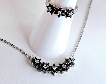 Onyx floral gemstone chain bracelet and Ring gift set adjustable length bracelet