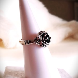 Black Onyx Retro Rose Sterling Silver Adjustable Ring,silver Oxidised ring,vintage style statement ring,gift,raised stone ring,stackable